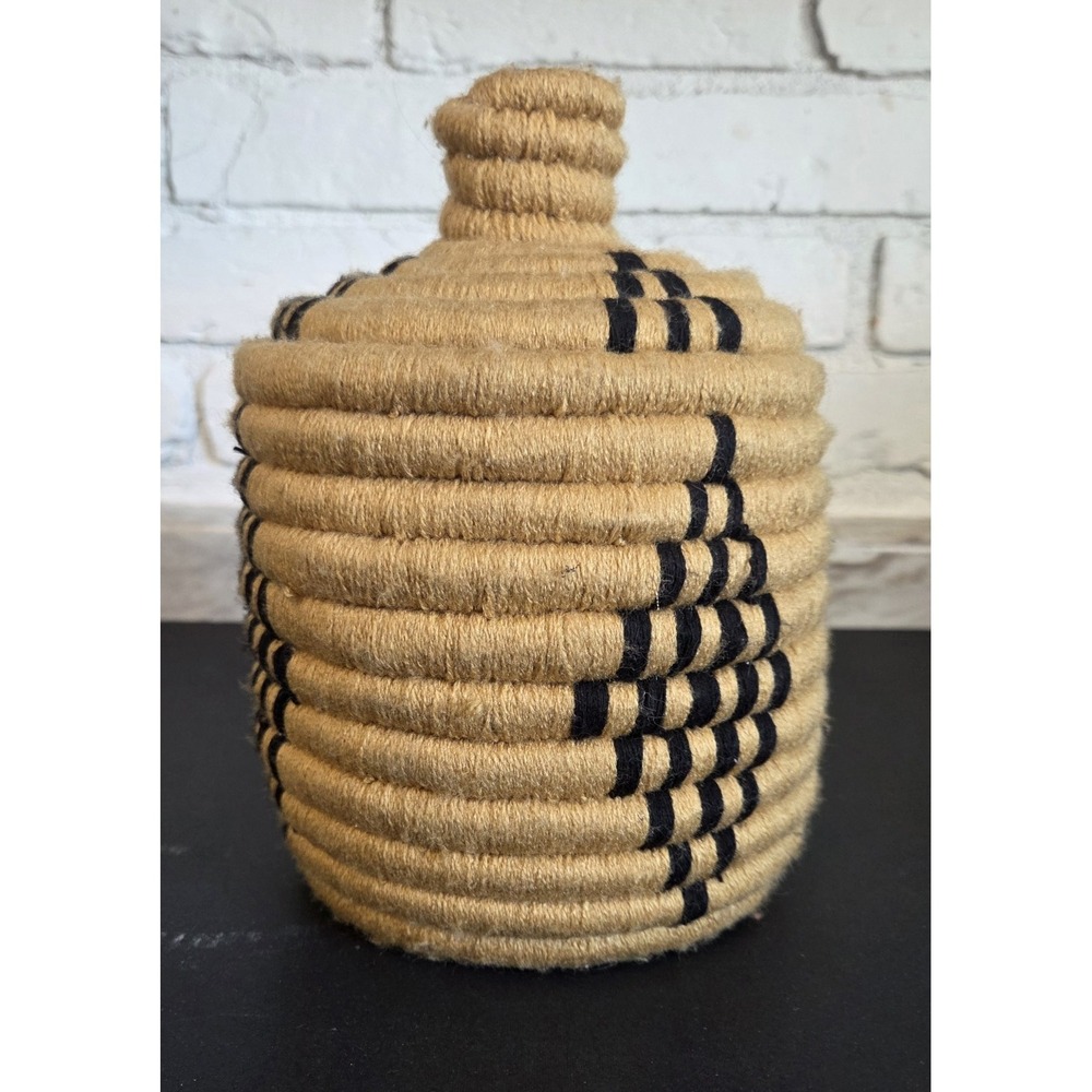 African Coil Basket Bottleneck Lid Handmade Wool Wrapped Natural Fibers Lidded